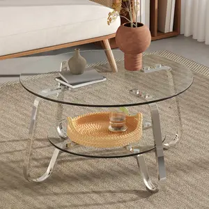Retro minimalist style metal frame double-layer tempered glass coffee table, size 31.5 * 31.5 * 17.7 inches, adding a touch of elegance to your living room