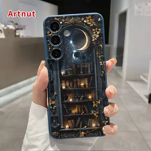 Case Compatible with Galaxy  S24 Plus S25 S23 S22 Ultra S22+ Creative Moon Bookshelf Pattern Matte Camera Protective Pocket-Friendly Cellphone Cover