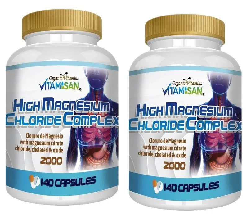 Magnesium Chloride High Mg Dose Supplement, 2000 mg, 280 Capsules - 2 Prop 65 Safe Bottles
