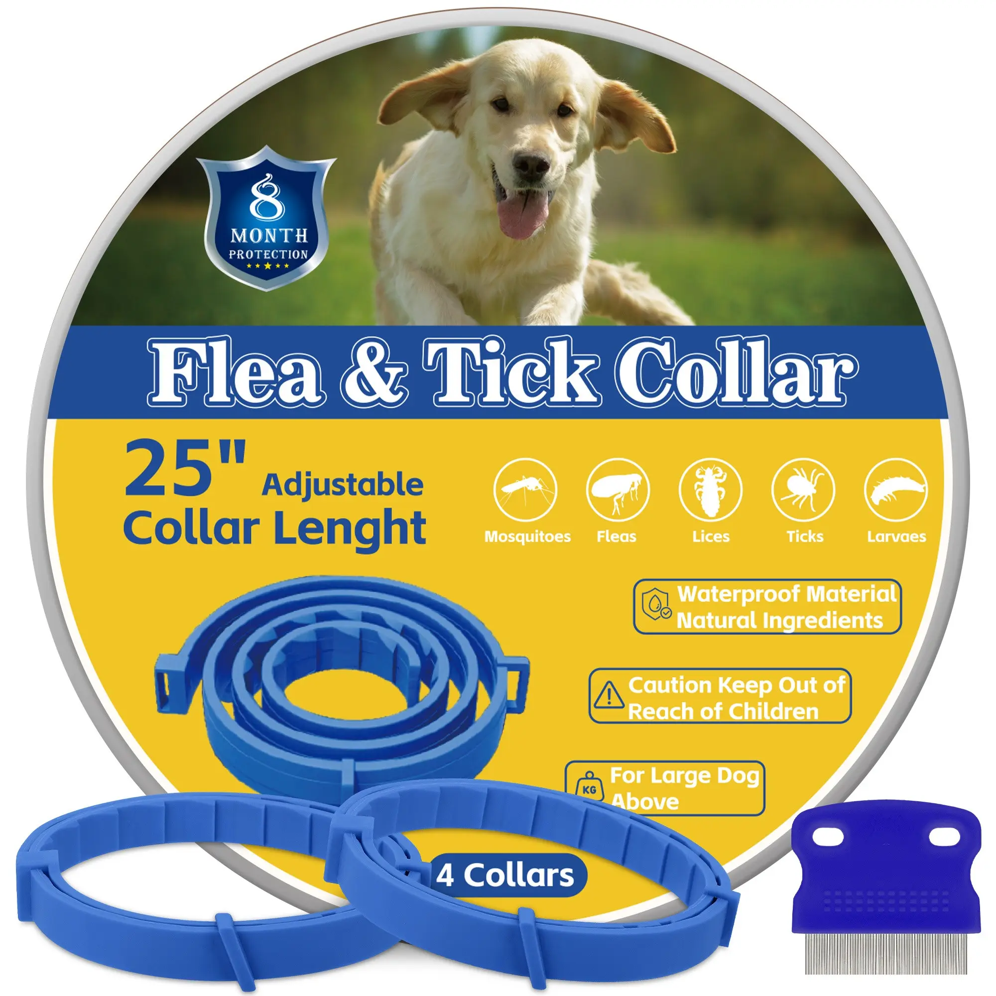 4 pack Dog flea and tick collar set with Comb, waterproof dog flea collars, Multiple Colors, a dog protection set that can prevent flea and tick infestations, adjustable size, suitable for all dog breeds