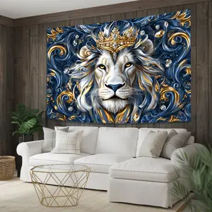 1pc 3D Effect Regal Lion Wall Mural with Golden Crown & Navy Blue Swirls - for Living Room, Party, or Home Decor Gift, Lion Wall Decor |   Easy Installation |   Durable Wall Tapestry |   Peach Light Beige Fabric |   100% Polyester |   Gift Tapestries