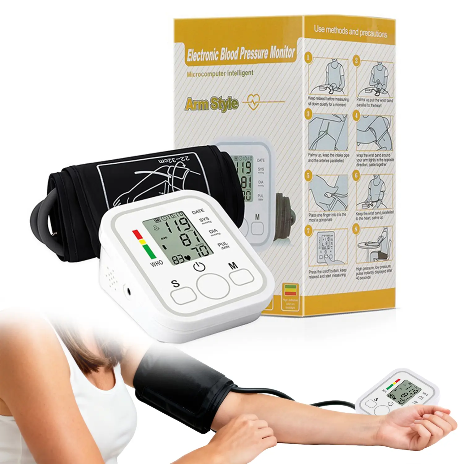 Upper Arm Blood Pressure Monitor, Digital BP Machine with Large LCD Display, Adjustable Cuff and 99×2 Reading Memory for Home Use, Batteries Not Included