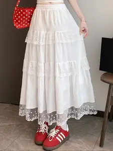 Lace Patchwork High Waist Long Skirt, Elegant Sweetheart Neckline, Loose-Fitting A-Line Design, Perfect for Casual & Formal Wear, Elegant Fashion Skirt, Lace Layered Skirt, Lace Tiered Skirt