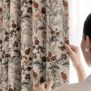 1pc Vintage Wild Fruit Branch Leaf Print Curtain, Soft Fabric, Dense Print, Retro Natural Style, Floral Plant Design, Home Decor