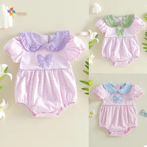 Baby Girl Summer Striped Romper Short Sleeve Doll Collar Bow Embroidery Sweet Jumpsuit