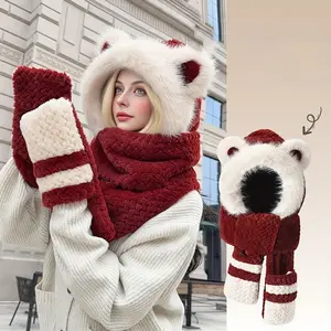 High-value balaclava hat in red and white color scheme, perfect for autumn and winter Christmas, featuring a bear design and color blocking for warmth. A three-piece set including a scarf, hat, and gloves.