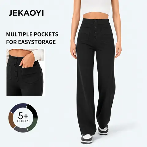 JEKAOYI  Womenswear  Straight Leg Work Appropriate Yoga Pants High Waisted Bottoms Stretchy Business Work Casual Trousers Multiple Pockets
