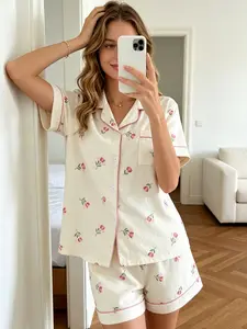 Women's Summer Pajamas Set Cream White Floral Pink Tulip Print Short Sleeve Button Down Collar Top + Shorts 2 Piece Outfit Soft Cozy Breathable Lightweight Bubble Crinkle Casual Sleepwear Loungewear