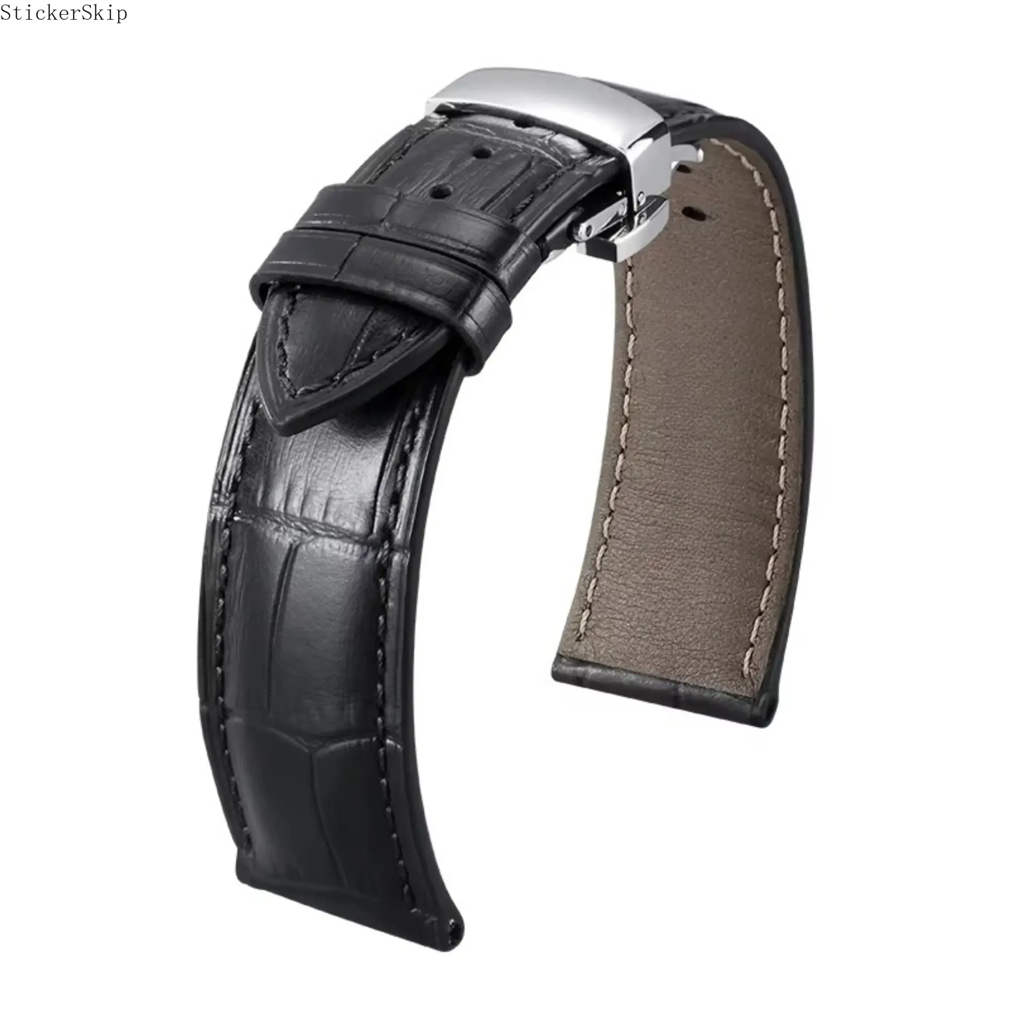 2026 NEW Black Glossy Croc Embossed Leather Watch Band - Deployment Buckle Strap, Fits 18/20/22mm Lug Width, Luxe for Dress & Formal Wear