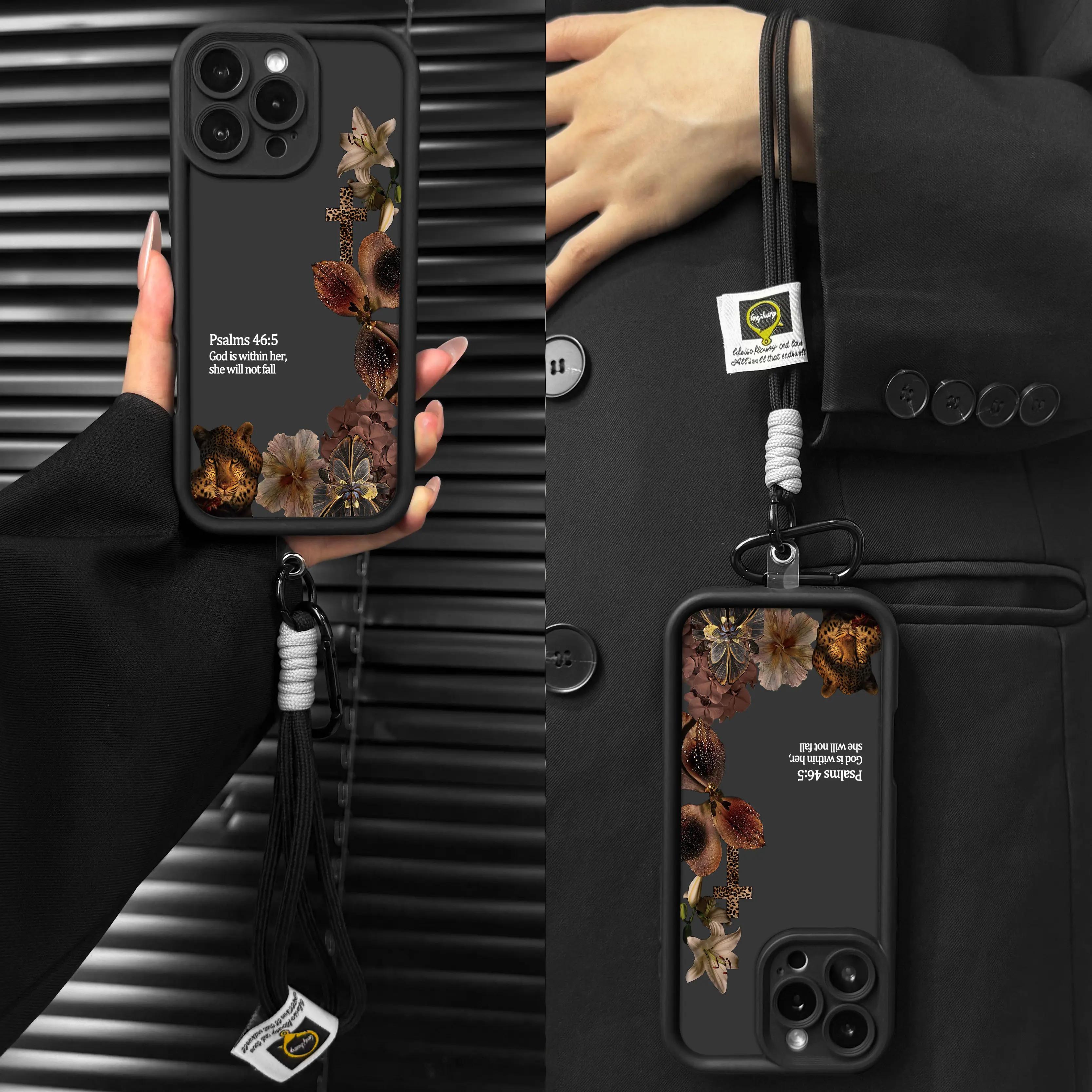 Aesthetic Leopard Print Bible Verse Phone Case for iPhone 17 Pro Max Air 16 15 Plus 14 13 12 11 with Wrist Strap Lanyard Psalms 46 5 Christian Religious Faith Gift Shockproof Protective Case