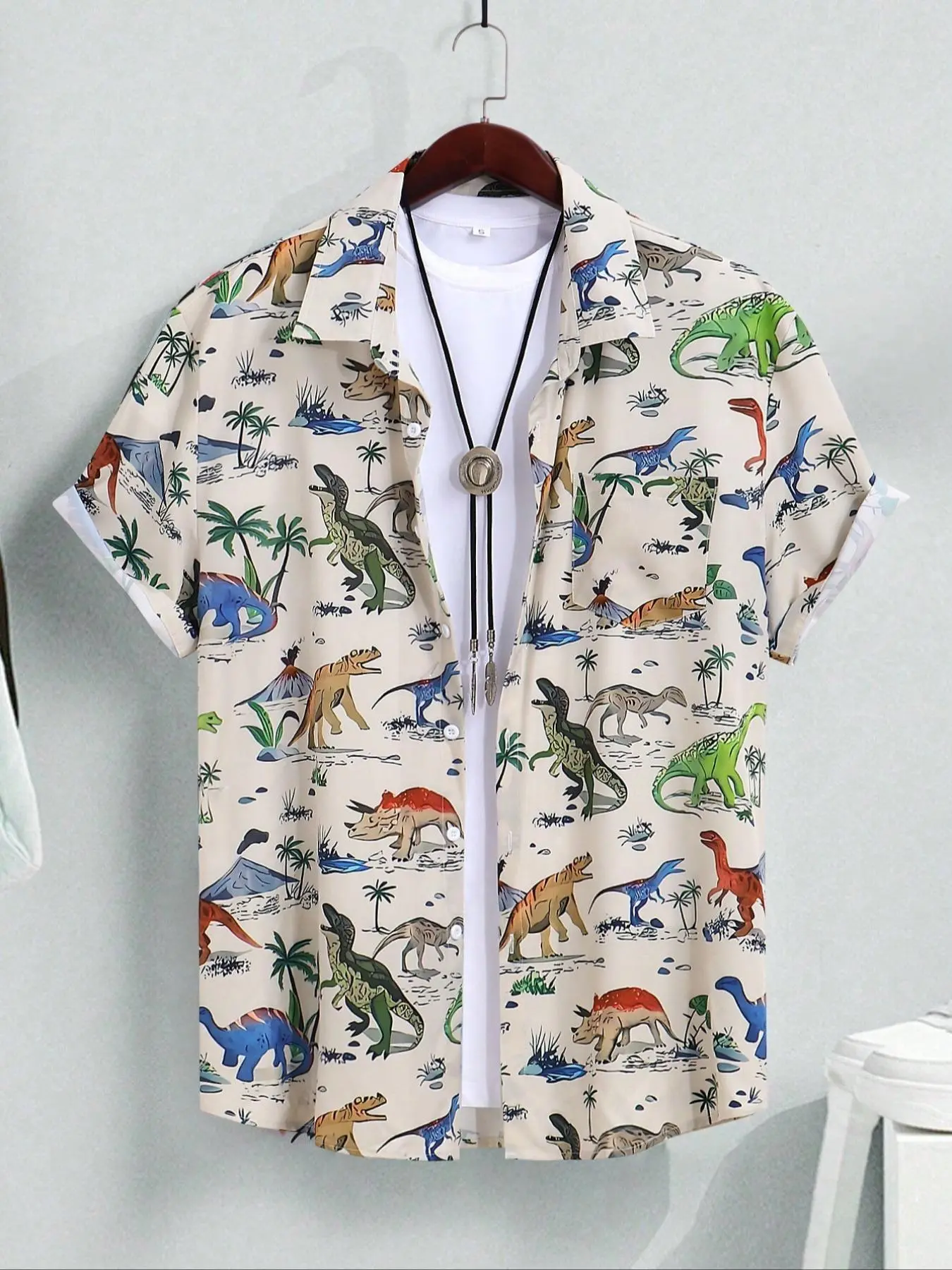 Men's Dinosaur Print Short Sleeve Shirt, Regular Fit Casual Button Down Collared Top for Summer, Fashion Men's Top for Daily Wear, Tropical, Animal Shirt, Casual Button Shirts, Casual Graphic Shirt, Casual Summer Clothing