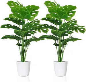 Set of 2 Artificial Monstera Deliciosa  in Pots,  Tropical Palm Tree with Greenery Leaves Stems, 28 Inch Artificial Cheese  for Home Bathroom, Office, Windowsill Decor