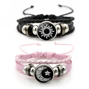 Sun Moon Lovers Leather Bracelet Vintage Punk Multi-layer Beaded Woven Bracelet Couple Gift
