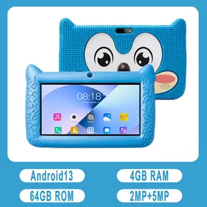 7-inch children's Touch Screen Tablet supports WIFI and Bluetooth functions, 4GB RAM, 64GB ROM, Android 13 system, dual cameras, Q-version appearance, shockproof silicone protective cover, can support the back shell