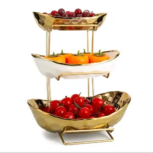 Gold 3-Tier Ceramic Bowl Fruit Tray with Metal Stand for Food, Cake Storage