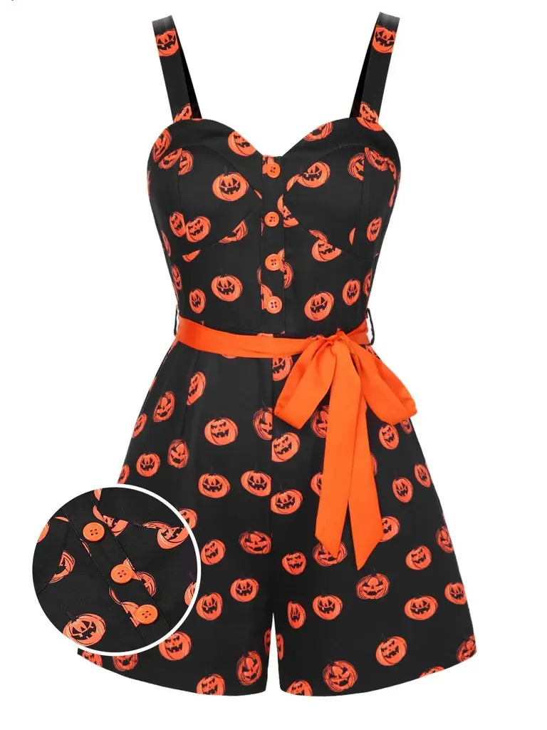 RETRO STAGE Women's 1950s Halloween Graphic Romper - Sleeveless, Spaghetti Straps, Pumpkin Face Print Polyester Playsuit with Belt, Concealed Zip, Above-Knee Fit, Available in XL Size, Graphic Print, Watch Party
