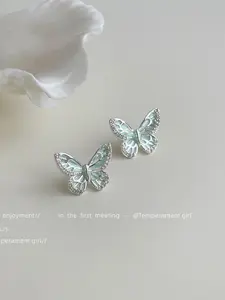 Women's Elegant Butterfly Ear Studs, Zirconia Inlay Mint Oil Drop Silver Color Needle, Summer New Fashion Jewelry