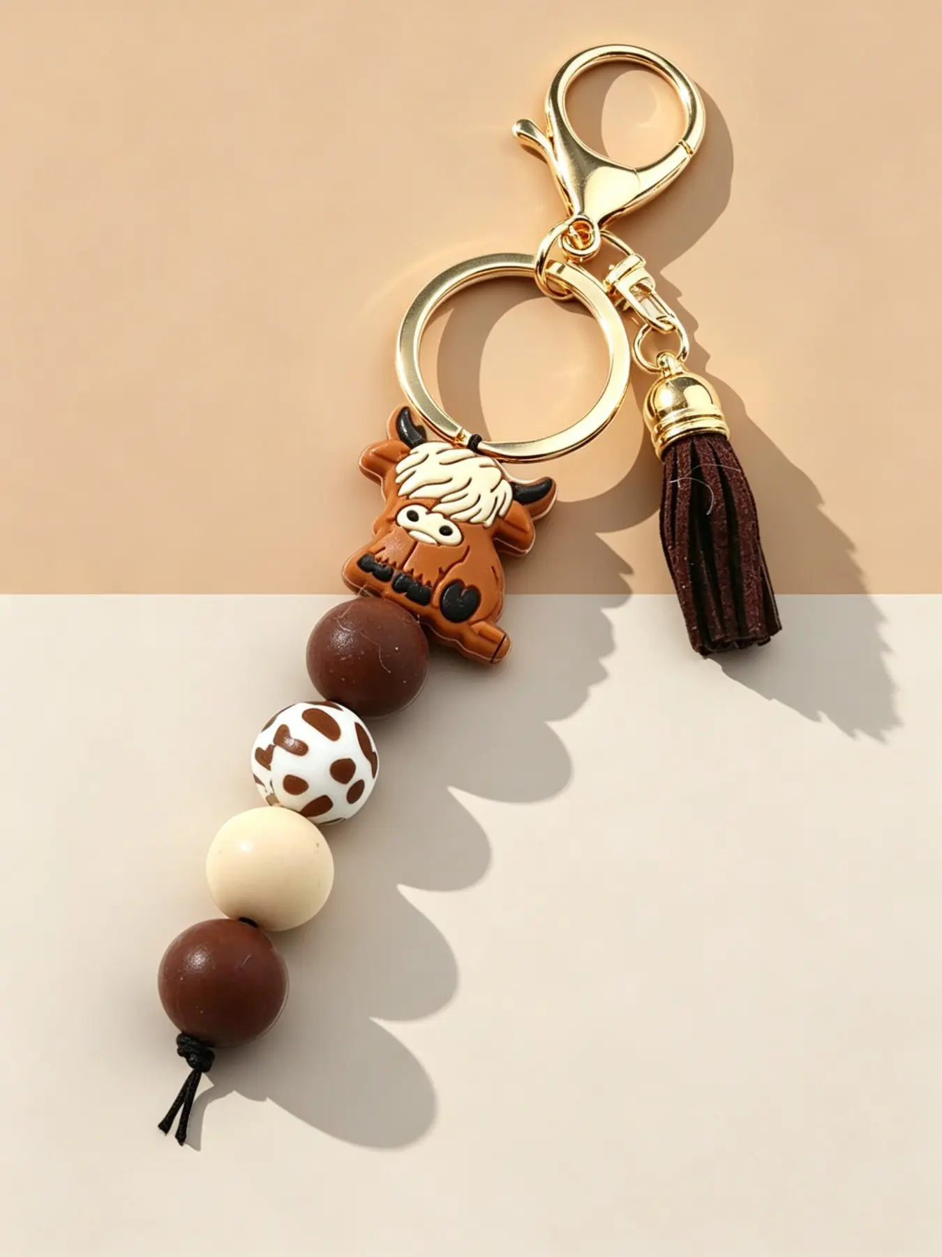 Highland Cow Silicone Beaded Trendy Cute Tassel Decorated Keychain with Tassel, Cute Cartoon Punk Style, Animal Theme, Lobster Clasp, Ideal Gift for Friends, Keychain for Bags, Animals Keychain Decor