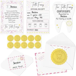 Receipt Set - 20 Set Pink Tooth Cards with Envelope and Fairy Letter for Kids, Lost Teeth Certificate Keepsake Postmark Gift Bag with Seal Stickers for Girls Boys Home School Award