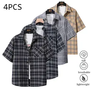 Pack of 4 men’s striped Western button-up shirts; plaid shirt with a notched collar,  cotton dress shirt fabric; regular fit;men’s tops ideal for summer beach trips, outings, and everyday outdoor activities. Polo Shirt Men's Quick-Dry Set Lightweight