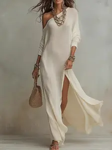 Women's European Style Off-Shoulder Long Dress, Summer New Arrival Split Neckline Dress, Beach Vacation Skirt, Fashionable and Stylish