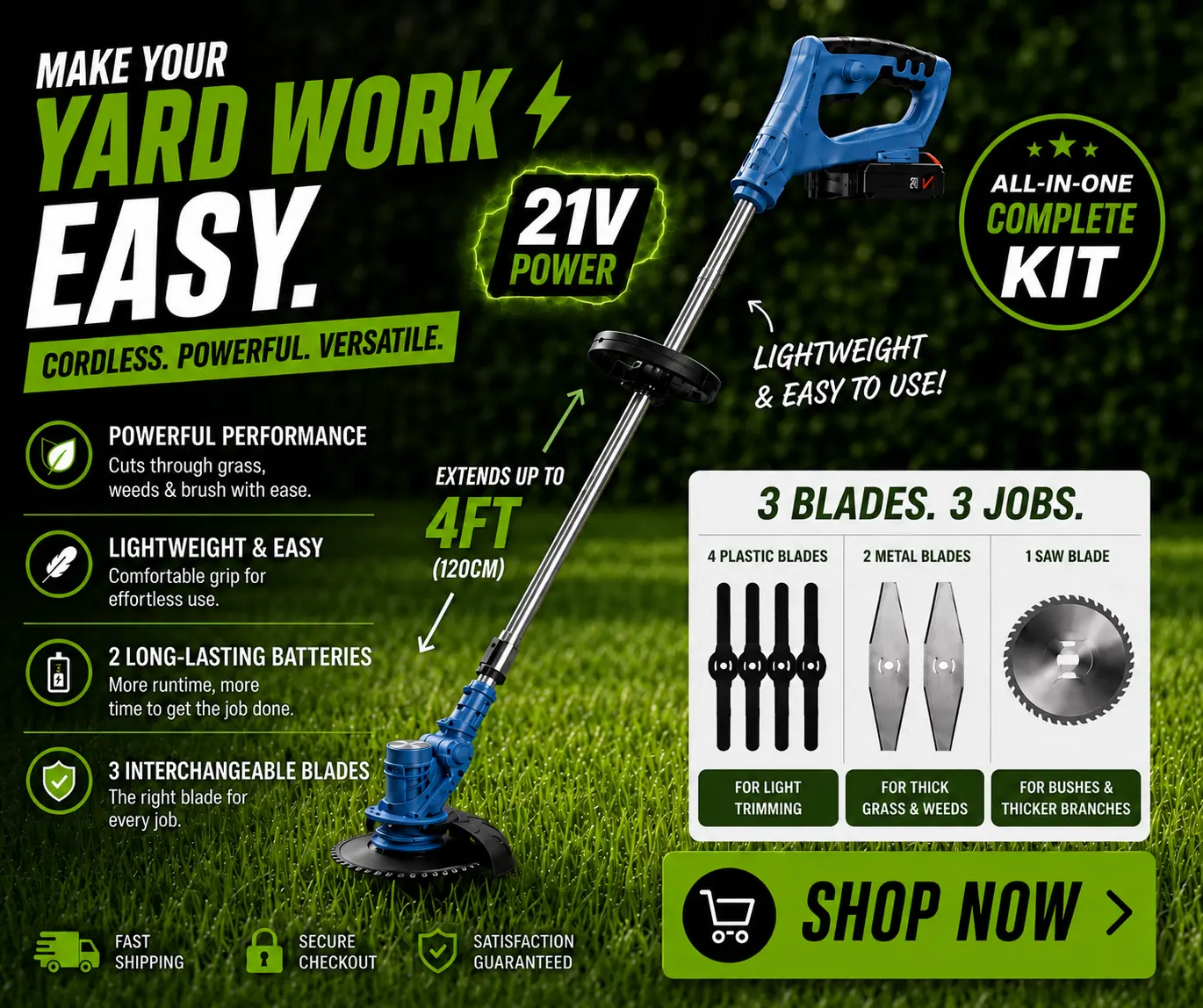 Cordless Electric Lawn Trimmer 21V (Blue) | Battery Powered Grass Cutter | Lightweight Garden Weed Eater (Includes 2  batteries)