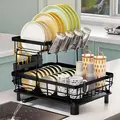 2-Tier Metal Iron Kitchen Organizer - Adjustable Extendable Spout Dish Drying Rack with Plates and Rack, Knife-Cup-Utensil Storage Combo for Counter, Home Goods, Apartment Accessories, Storage Organization