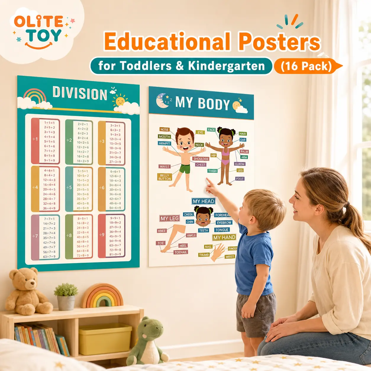 16 Boho Paper Toddler Learning Posters - Alphabet Chart, Numbers, Shapes, Days of the Week - Preschool Toddler Learning Activities Aids, Must-Have for Kindergarten Teaching Supplies, Classroom Decor