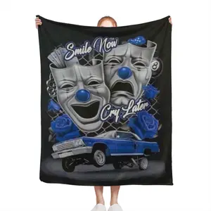 1pc Smile Now Cry Later Clown Face & Vintage Car Design Flannel Throw Blanket - Heavyweight All-Season Soft Warmth, Bold Blue & Black Contemporary Bedspread For Home Decor, Machine Washable Statement Piece