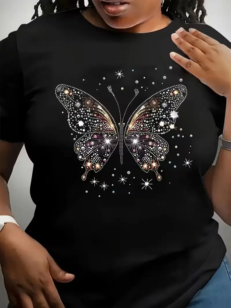 Women'S Butterfly Print T-Shirt - Comfortable, Short Sleeve, Round Neck Top, Suitable for And Casual Wear, Style