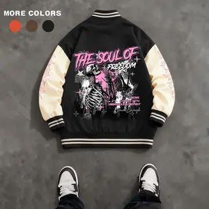 Men's Baseball Jacket Polyester Soft Fabric Multi-Color Black Orange Coffee West Coast Vintage Skull, Music Festival, Freedom, Punk, Gothic Graphic Print Varsity Coat Retro Classic Old School Casual Sports SWAG Streetwear Winter Trendy Gift Fleece Tops