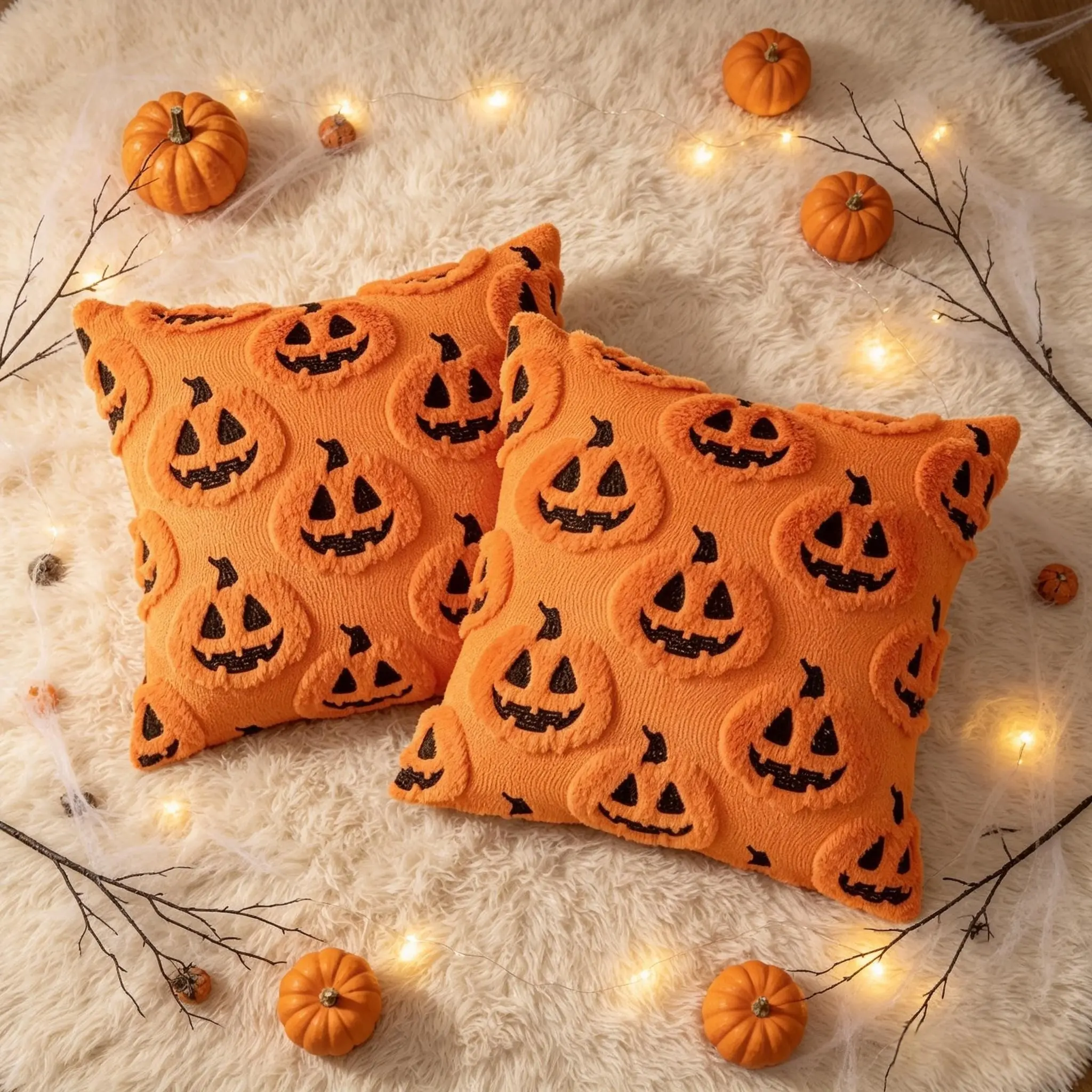 Halloween Decorations Halloween Cushion Covers  Pumpkin Decorative Pillow Covers Plush Accent 18x18 Set of 2 Evil pumpkin pattern 3D textured print   Accents for Sofa Couch Bed Living Room Festive Home Decor Halloween Pillow Covers
