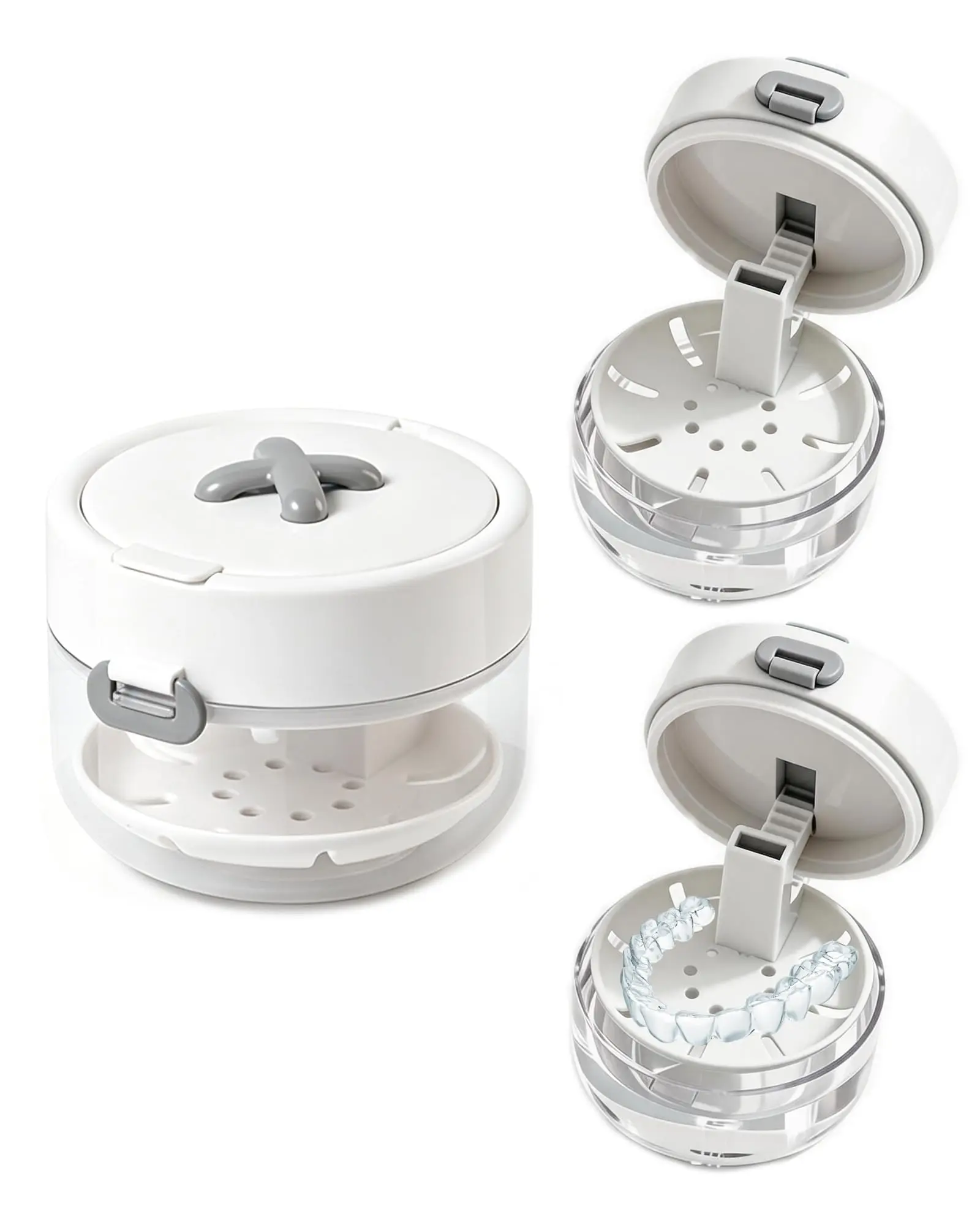 Retainer Mouth Guard Soak Container Box,Auto-Rising Aligner Bath Case,White With Strainer Basket,Leak Proof Braces Cleaning Cup with Mirror & Multi-Tool for Aligners,Daily Retainers & Night Guards