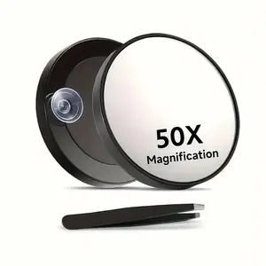 50x magnification makeup table magnifying mirror set, with tweezers and suction cups to secure round mirrors, essential for both home and travel (diameter 3.5 inches)
