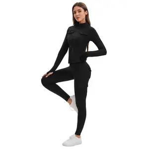 2PCS Women's Sculpting Cargo Workout Set with High Waist Tummy Control Leggings and Zip-Up Thumbhole Jacket. Functional, Stylish and Comfortable for Gym, Yoga, Running and Streetwear. Ladies' All-Season Athleisure Outfit