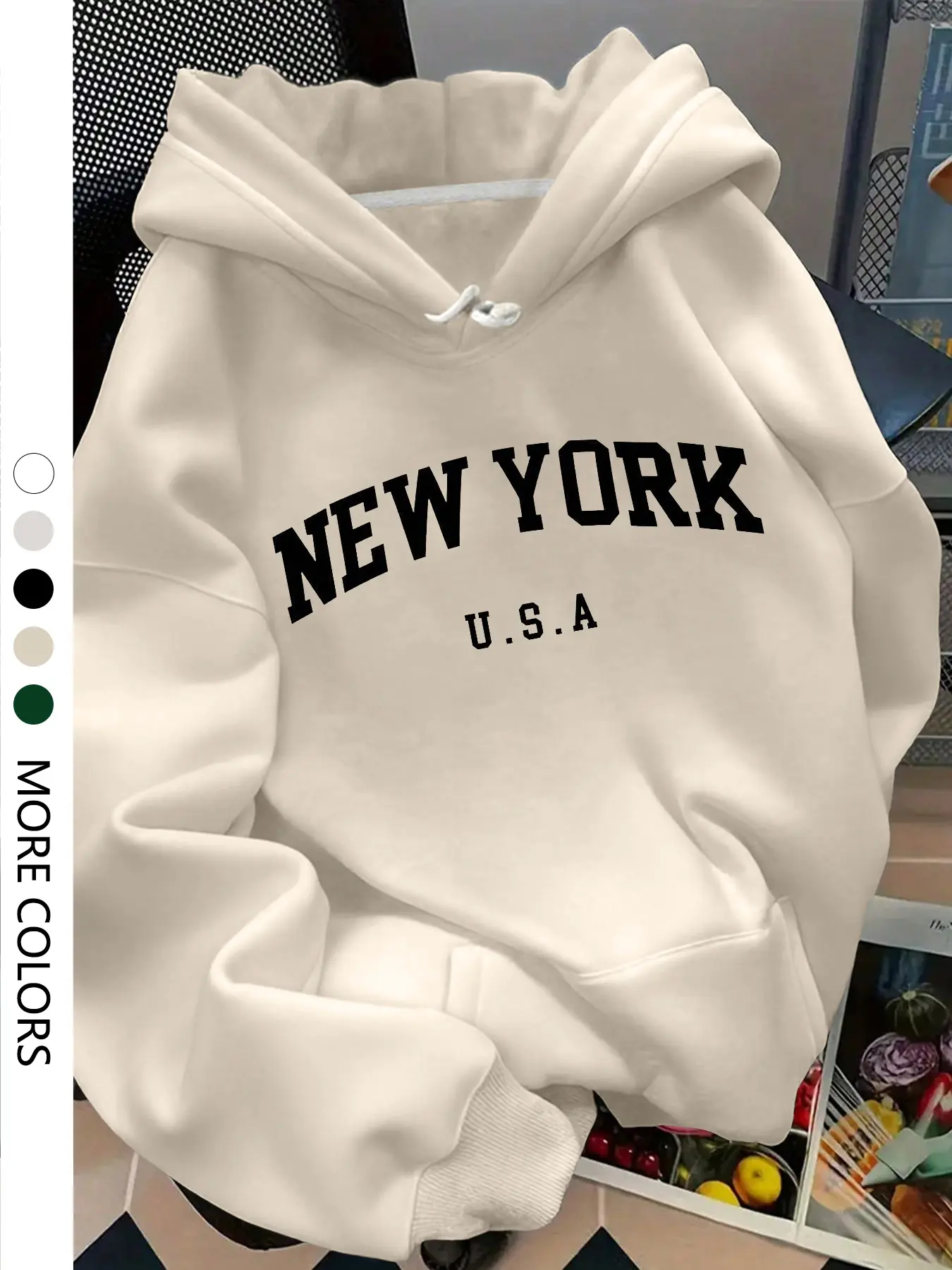 Women's Casual Hooded Drawstring Sweatshirt with New York Letter Print, Trendy Loose-Fitting Pullover for All Seasons, Stylish Holiday and Everyday Wear Pockets Piece Womenswear