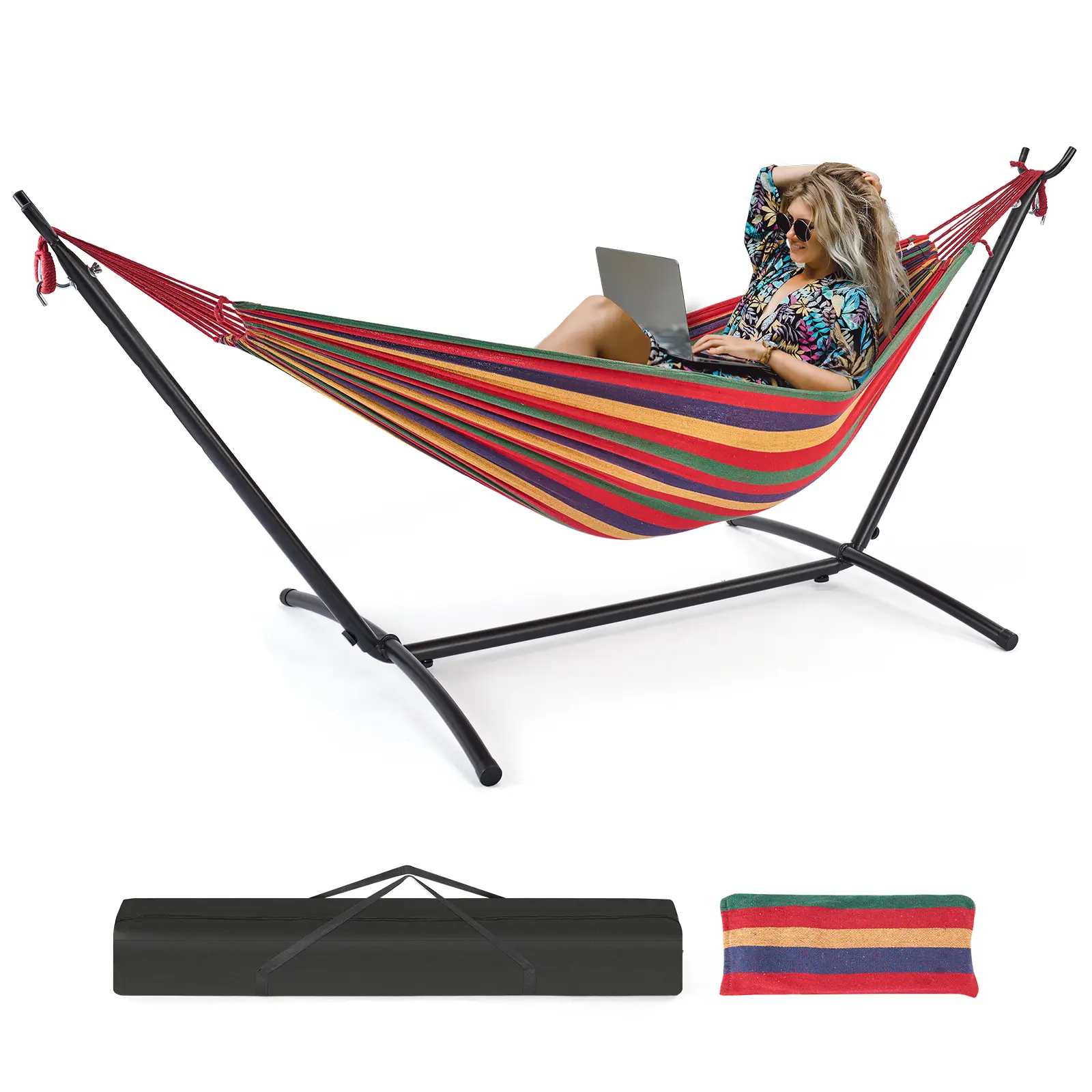 2-Person Double Hammock for Outside, 450 Lbs Capacity, Adjustable Height Outdoor Hammock Bed with Heavy-Duty Steel Frame, Portable Patio Swing with Space-Saving Stand