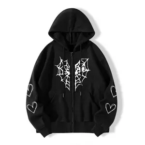 Women's Spider Web & Heart Print Zip Up Hoodie, Street Drawstring Pocket Hooded Sweatshirt for Daily Holiday Outdoor Wear, Women Clothing for Spring & Fall