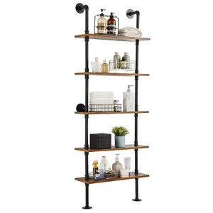 VEVOR Industrial Pipe Shelf, 5 Tier 24x9.84in, Wall-Mount Floating Rustic Wood Shelves Bracket Display Bookshelf, Storage Rack Sundries Holder for Kitchen Bedroom Bathroom Living Room, Black