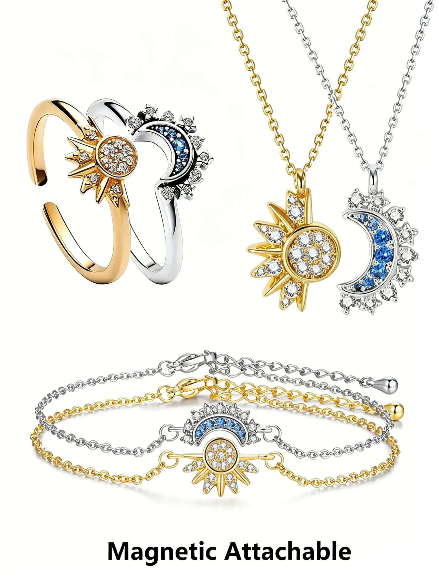 Matching Sun Moon Jewelry Set for Couples & BFFs, Magnetic Promise Necklace Bracelet Ring, Crystal Inlaid, Suitable for Valentines/Anniversary/Graduation, , Daily Wear Matching Jewelry, Hypoallergenic Friendship Gift for Women, Promise Jewelry for Her