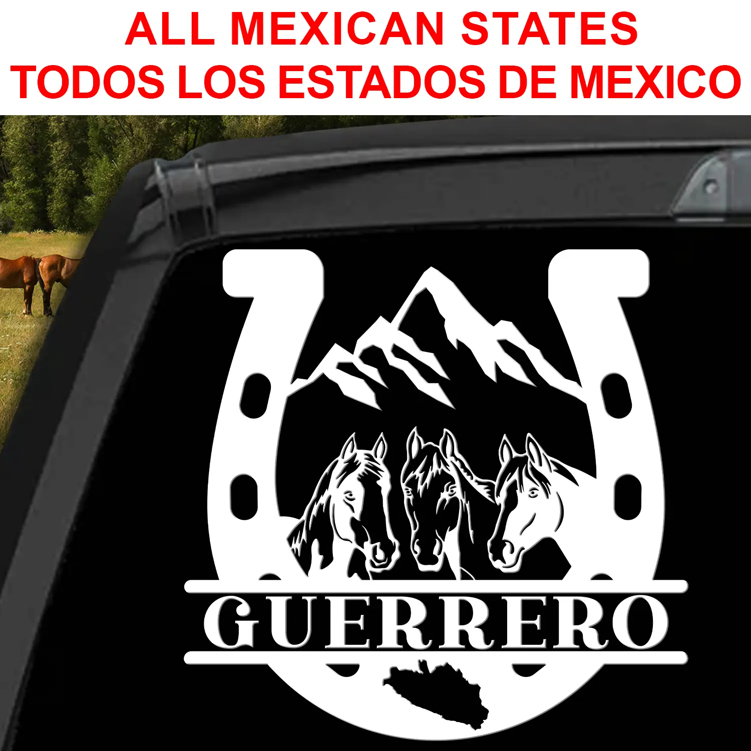 Mexico States Sticker para Trocas De Rancho Calcomania para Carro Mexico Decals for Trucks Mexico Sticker Decal Diseño Ranchero con Caballos y Herradura