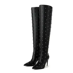 Women Studded Stiletto High Heel Over the Knee Boots Pointed Toe Side Zipper Thigh High Boot Long Fall Winter Sexy Stretch Suede Shoes