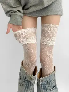 Women's Sexy Lace Floral Fishnet Socks, Nylon Mesh Breathable Over-The-Knee Socks, 1 Pair, Fashionable and Comfortable