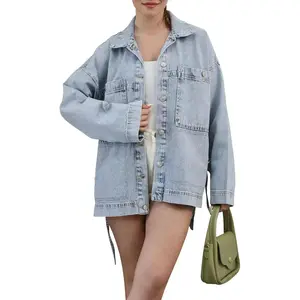 Distressed Denim Jacket for Women - Light Blue and Black Stretch Comfort Washed Casual Coat