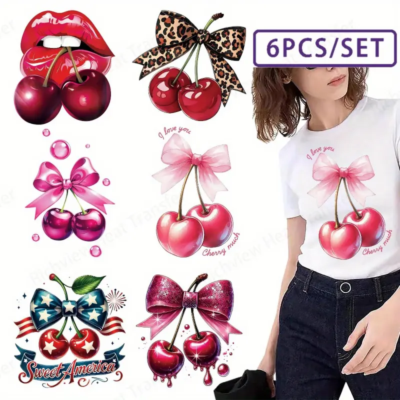 6 Pcs Cherry Heat Transfer Vinyl Stickers 3D DIY Design Washable T Shirt Iron on Patches Flower Bow Fabric Decor Appliques