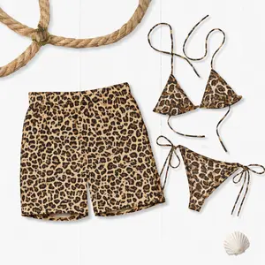 "Leopard Print Bikini & Men's Swim Shorts Set, Animal Print Beachwear, Summer Swimwear for Women & Men, Beach Vacation Outfit"