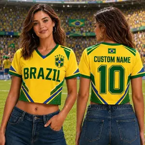 Personalized Brazil Soccer Croptop Jersey, Custom Brasil National Team Jersey for Women, Brazil Pride Top, Trendy Cropped Soccer Fan Shirt