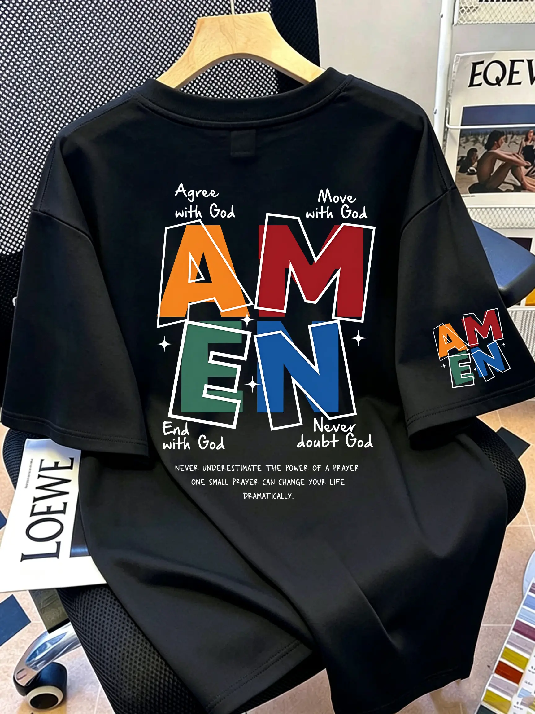 Vibrant Four‑Color Outline “AMEN” Back Print Matching Mini Amen Sleeve Graphic Tee | “Never Underestimate The Power Of A Prayer” Believer Everyday Oversized Casual Shirt