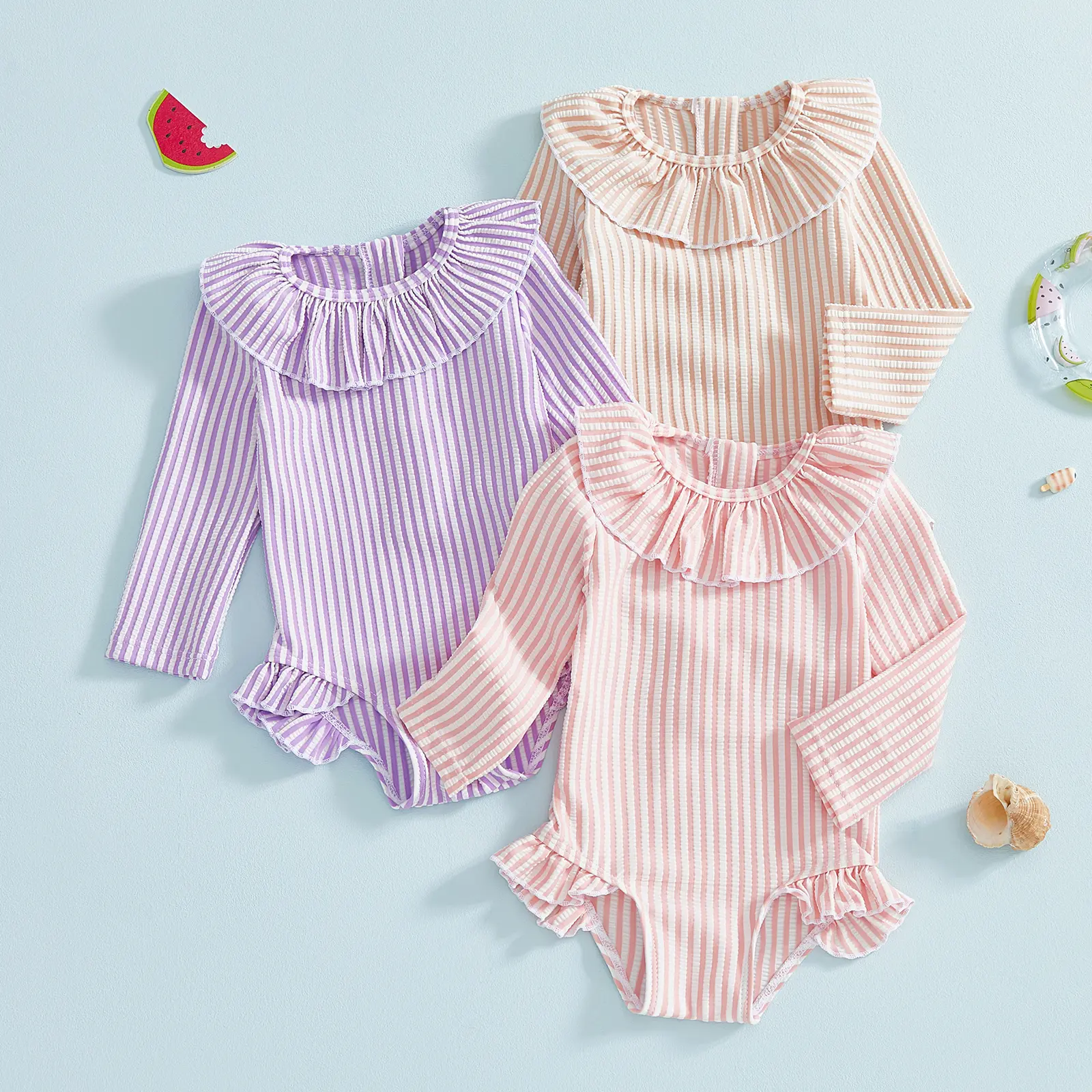Toddler Baby Little Girl Rash Guard Swimsuit Long Sleeve Ruffled Collar Striped Swimwear Beach Pool 1-5 Years