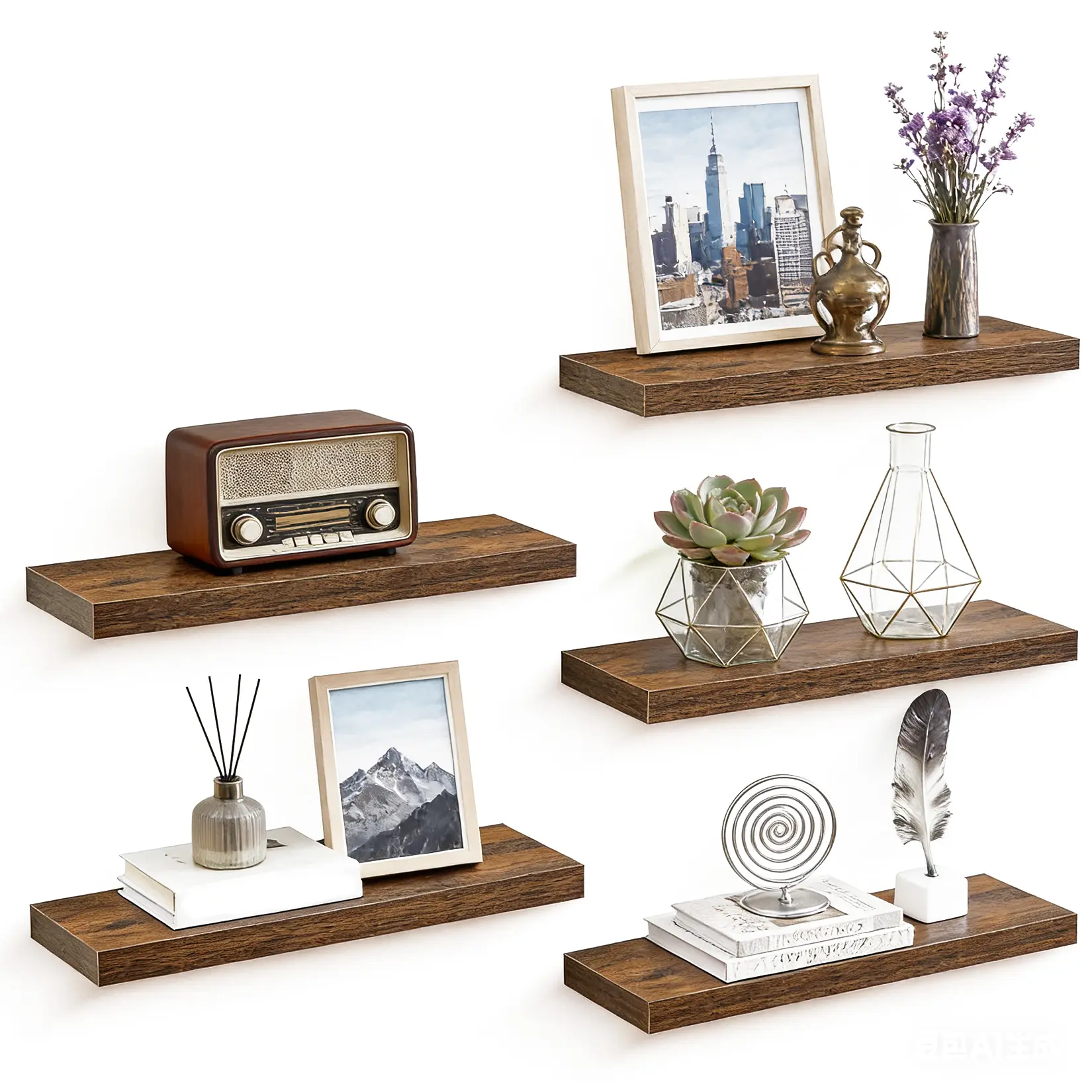 Rustic Wooden Floating Shelves (3/4/5 PCS) - Decorative MDF Shelf Board with Steel Brackets, 60x20cm/40x20cm Sizes for Living Room Room Decor, Easy Installation for Display Items
